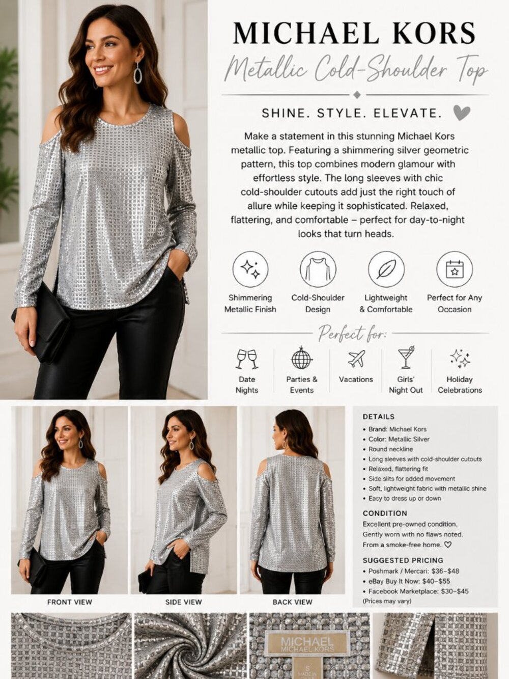 Michael Kors Metallic Cold-Shoulder Top Size M